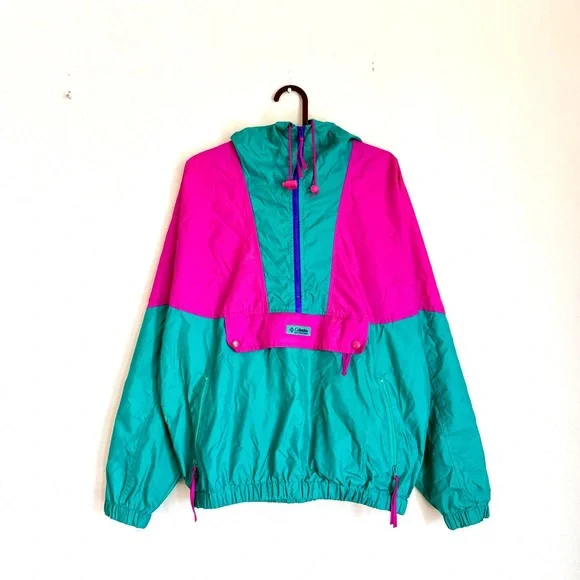 Retro Columbia windbreaker jacket - vintage 80s 90s neon colorblock track rain - Picture 2 of 9